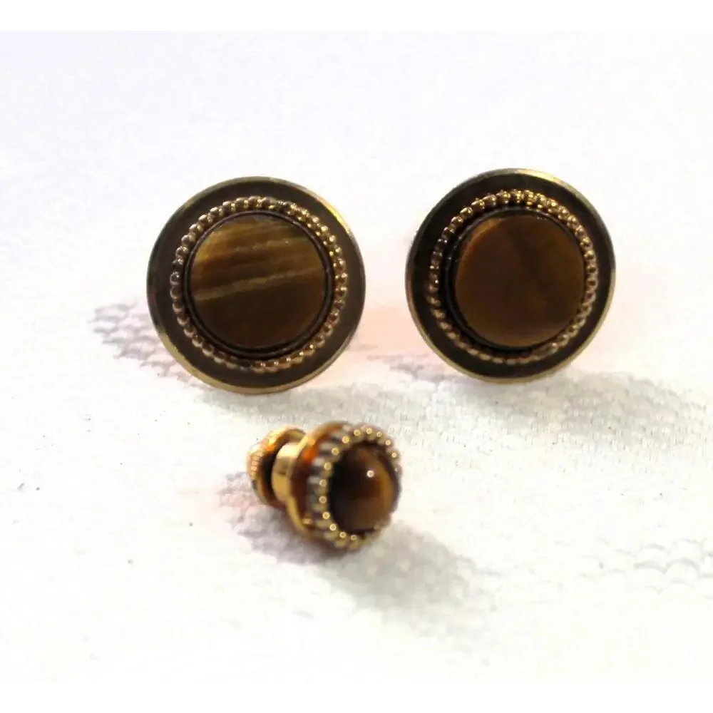 Vintage KREMENTZ Cuff Link and Tie Tac Set with Tiger Eye Stones